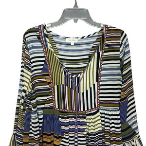 Velzera Abstract Stripe Boho Blouse V-Neck Ruffle Hem Small